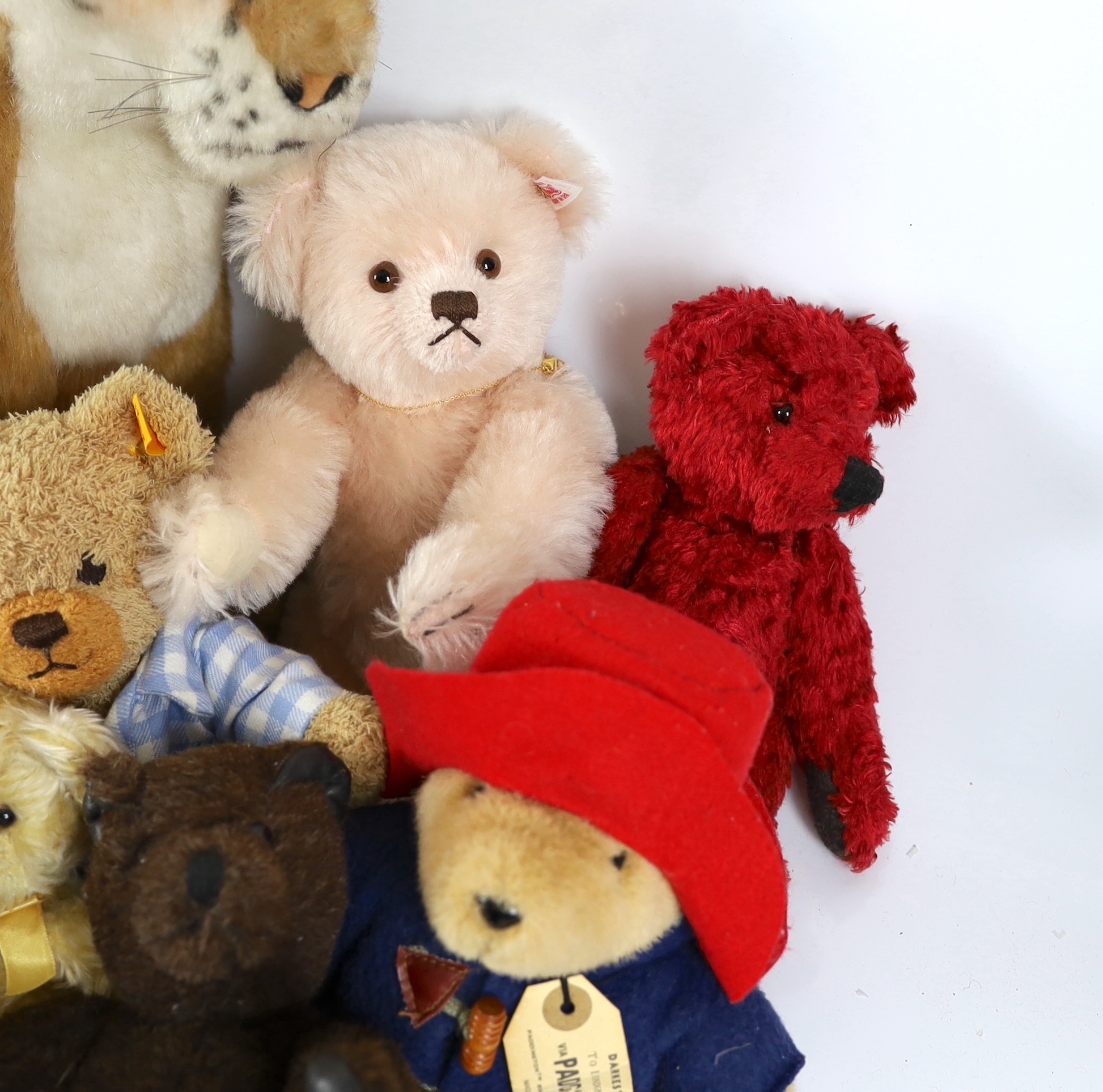 Two modern Collector's bears and a large Merrythought tiger, a Danbury Mint Steiff bear and two other modern Steiff bears (15)